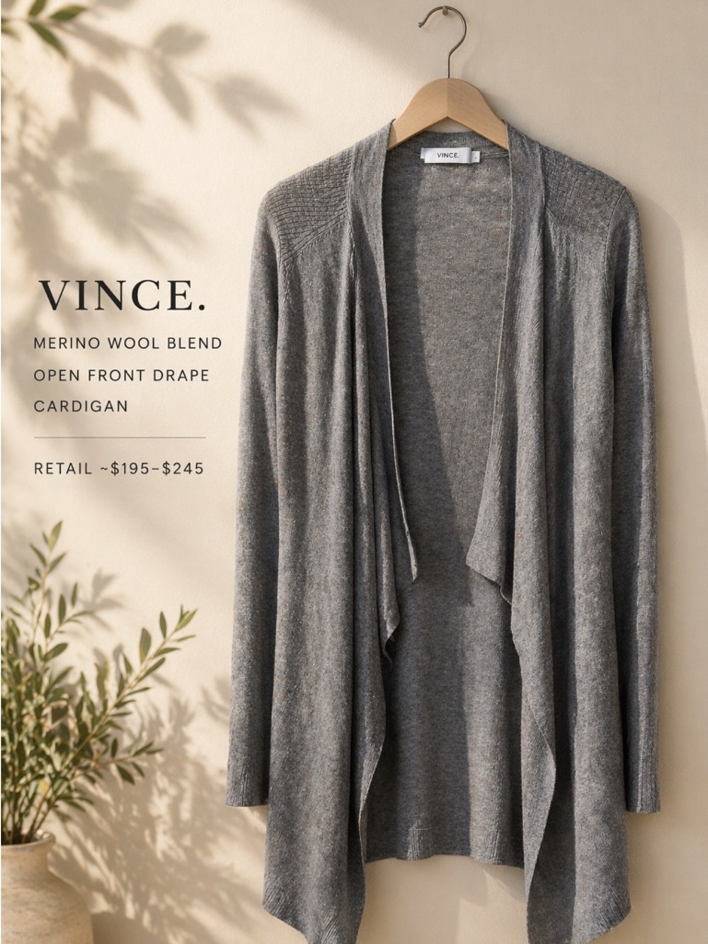 Vince Gray Merino Wool Open Front Cardigan Drape Lightweight XS
